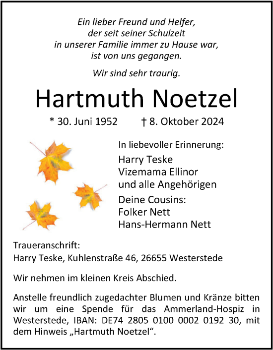 Traueranzeige von Hartmuth Noetzel von Nordwest-Zeitung