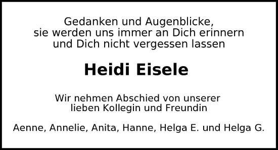 Traueranzeige von Heidi Eisele von WZ/JW/AH