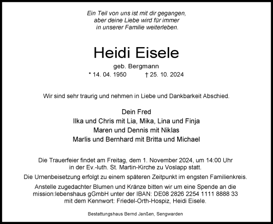 Traueranzeige von Heidi Eisele von WZ/JW/AH