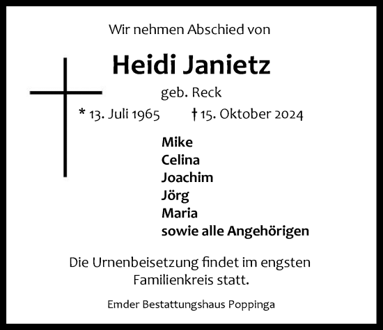 Traueranzeige von Heidi Janietz von Emder Zeitung