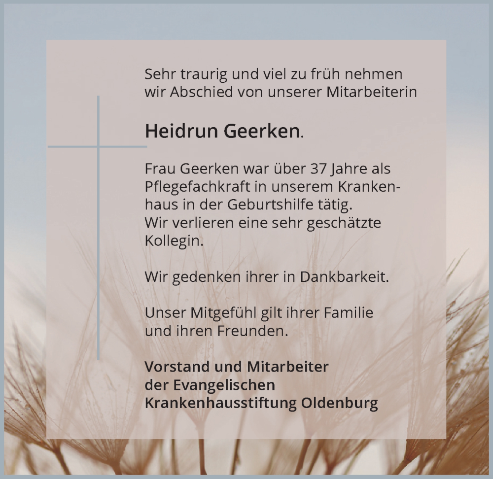  Traueranzeige für Heidrun Geerken vom 05.10.2024 aus Nordwest-Zeitung
