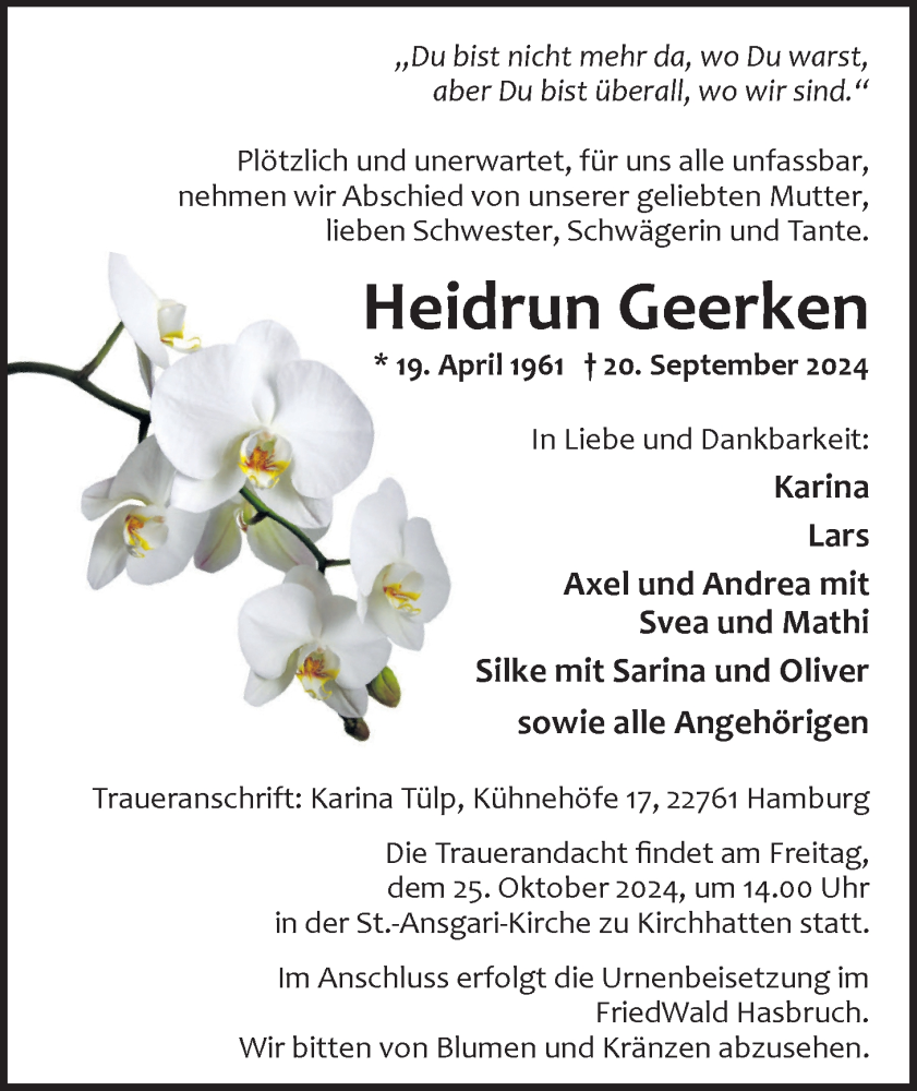  Traueranzeige für Heidrun Geerken vom 05.10.2024 aus Nordwest-Zeitung