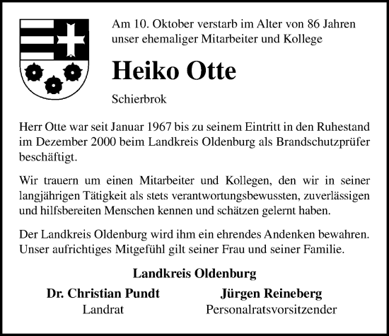 Traueranzeige von Heiko Otte von Nordwest-Zeitung