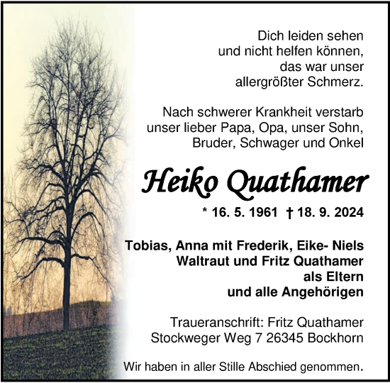 Traueranzeige von Heiko Quathamer von Nordwest-Zeitung