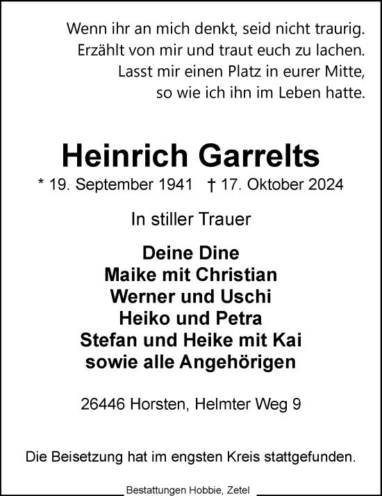 Traueranzeige von Heinrich Garrelts von WZ/JW/AH