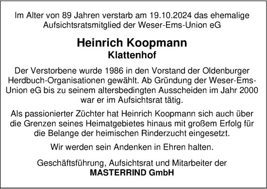 Traueranzeige von Heinrich Koopmann von Nordwest-Zeitung