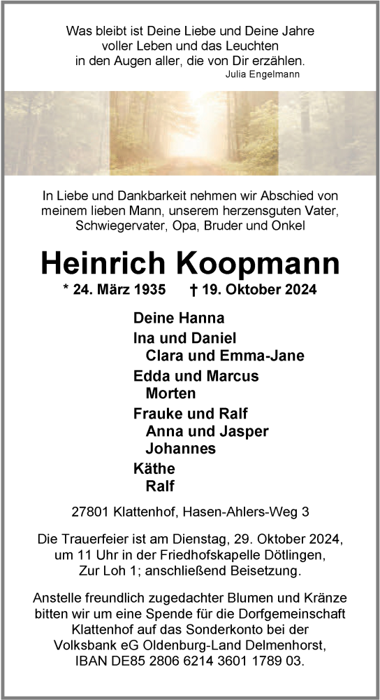 Traueranzeige von Heinrich Koopmann von Nordwest-Zeitung