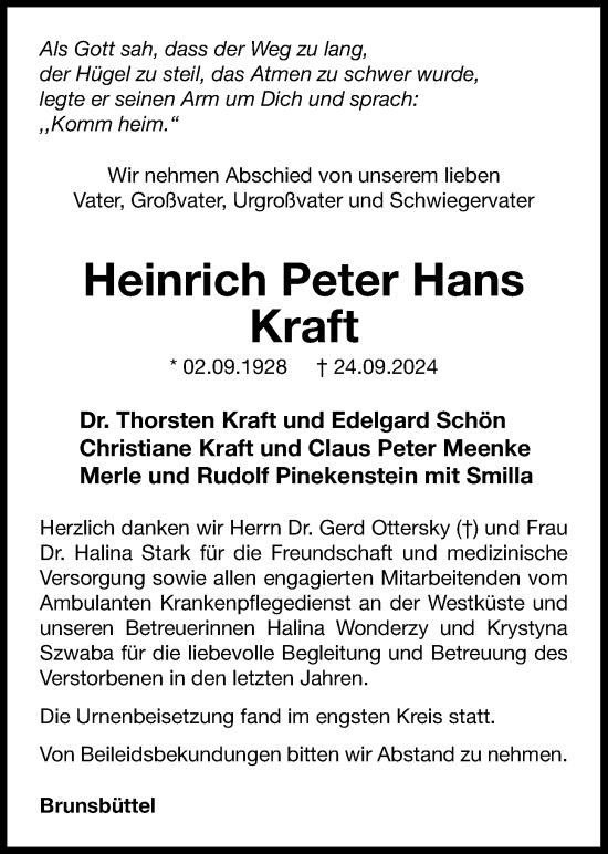 Traueranzeige von Heinrich Peter Hans Kraft von Nordwest-Zeitung