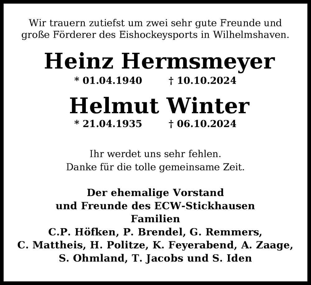  Traueranzeige für Heinz Hermsmeyer vom 26.10.2024 aus WZ/JW/AH
