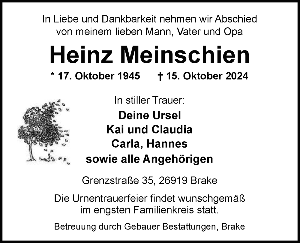  Traueranzeige für Heinz Meinschien vom 19.10.2024 aus Nordwest-Zeitung