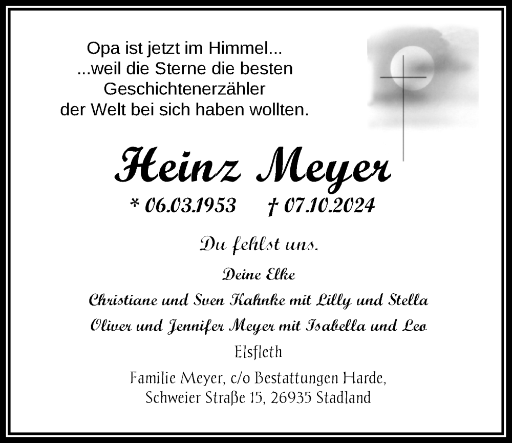  Traueranzeige für Heinz Meyer vom 19.10.2024 aus Nordwest-Zeitung