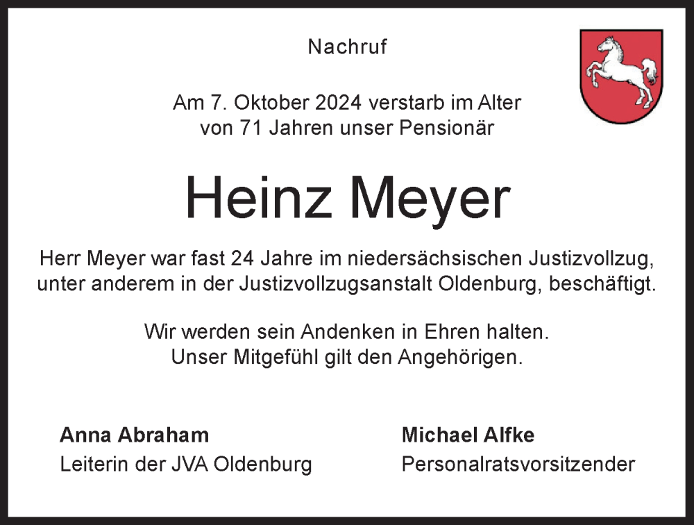  Traueranzeige für Heinz Meyer vom 19.10.2024 aus Nordwest-Zeitung