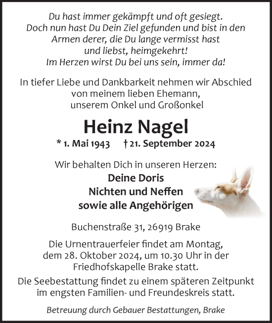 Traueranzeige von Heinz Nagel von Nordwest-Zeitung