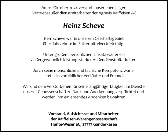 Traueranzeige von Heinz Scheve von Nordwest-Zeitung