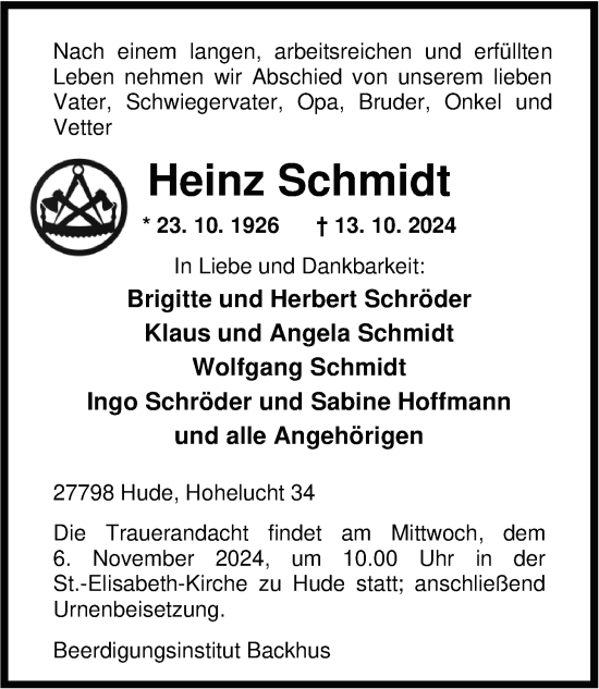 Traueranzeige von Heinz Schmidt von Nordwest-Zeitung