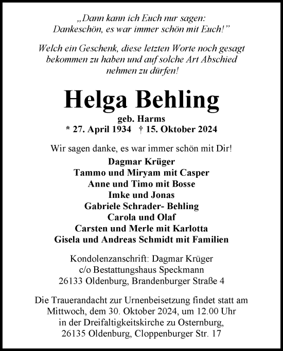 Traueranzeige von Helga Behling von Nordwest-Zeitung