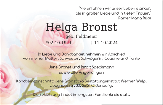 Traueranzeige von Helga Bronst von Nordwest-Zeitung