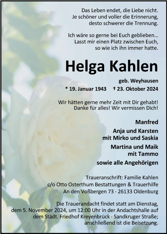 Traueranzeige von Helga Kahlen von Nordwest-Zeitung