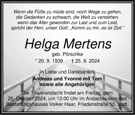 Traueranzeige von Helga Mertens von WZ/JW/AH