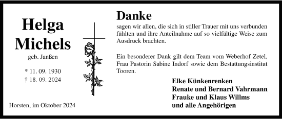 Traueranzeige von Helga Michels von WZ/JW/AH