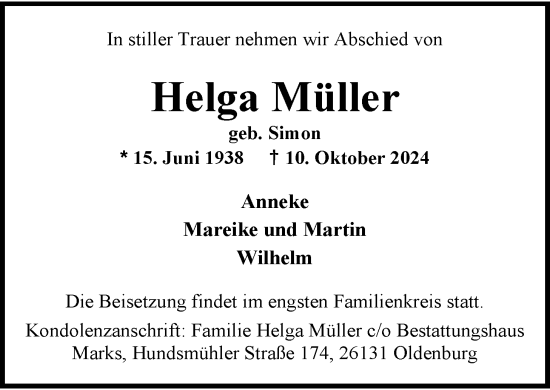 Traueranzeige von Helga Müller von Nordwest-Zeitung