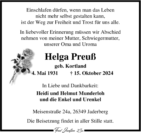 Traueranzeige von Helga Preuß von Nordwest-Zeitung