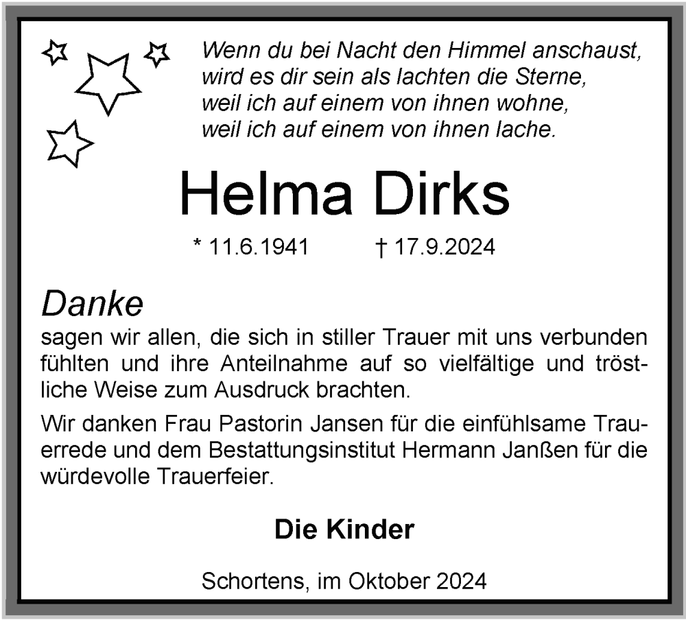  Traueranzeige für Helma Dirks vom 26.10.2024 aus WZ/JW/AH
