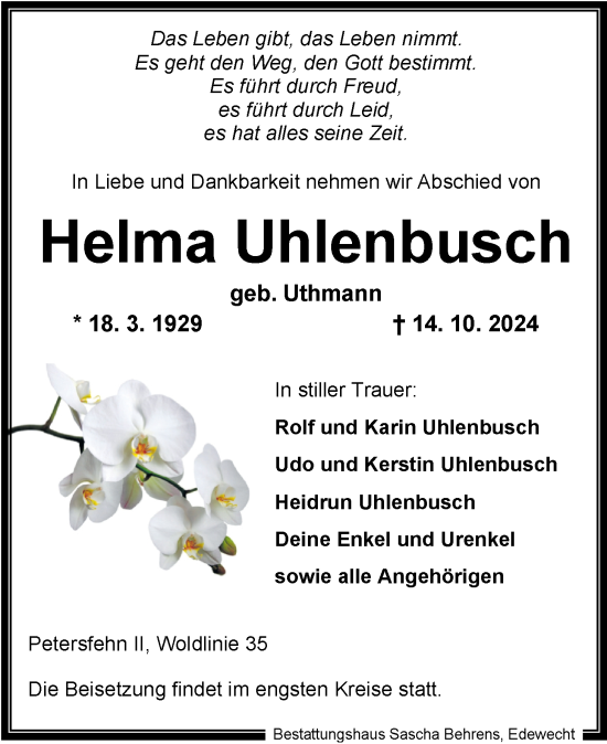 Traueranzeige von Helma Uhlenbusch von Nordwest-Zeitung