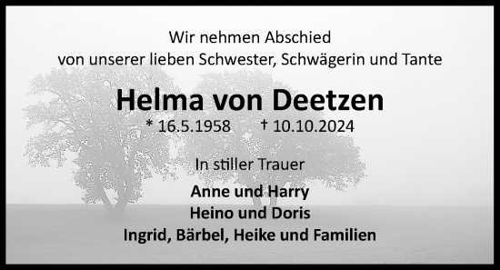 Traueranzeige von Helma von Deetzen von Nordwest-Zeitung