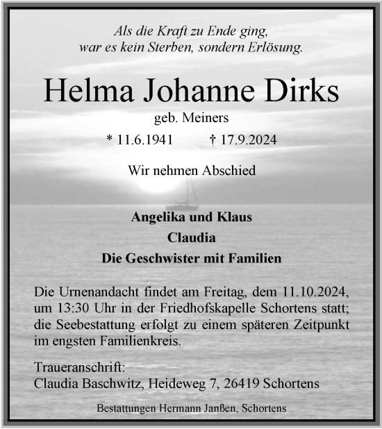 Traueranzeige von Helma Johanne Dirks von WZ/JW/AH