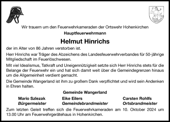 Traueranzeige von Helmut Hinrichs von WZ/JW/AH