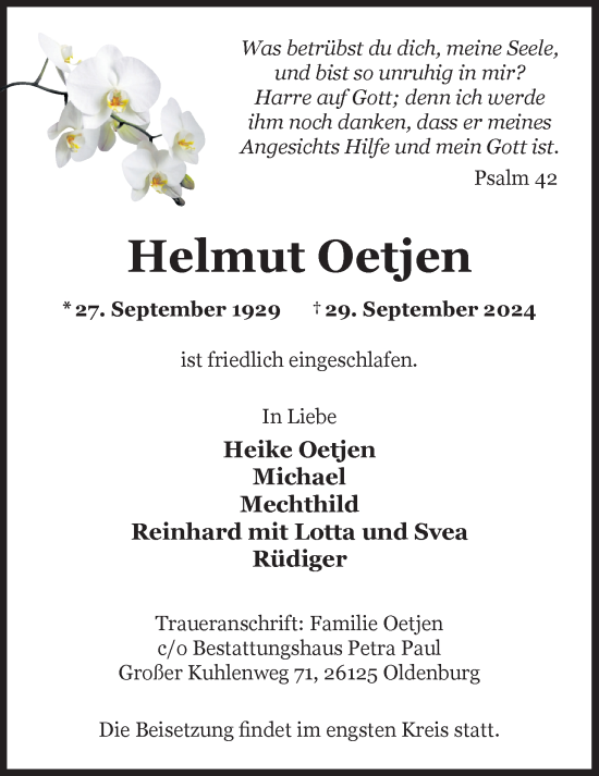 Traueranzeige von Helmut Oetjen von Nordwest-Zeitung