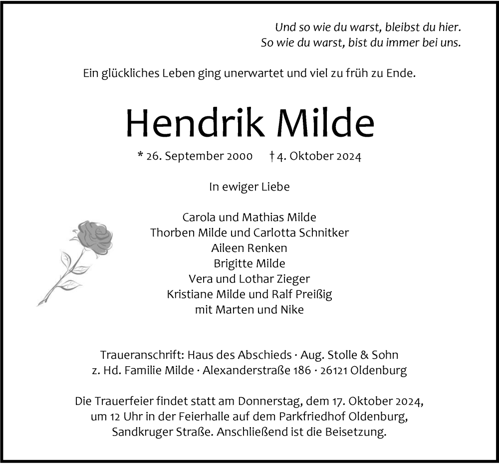  Traueranzeige für Hendrik Milde vom 12.10.2024 aus Nordwest-Zeitung