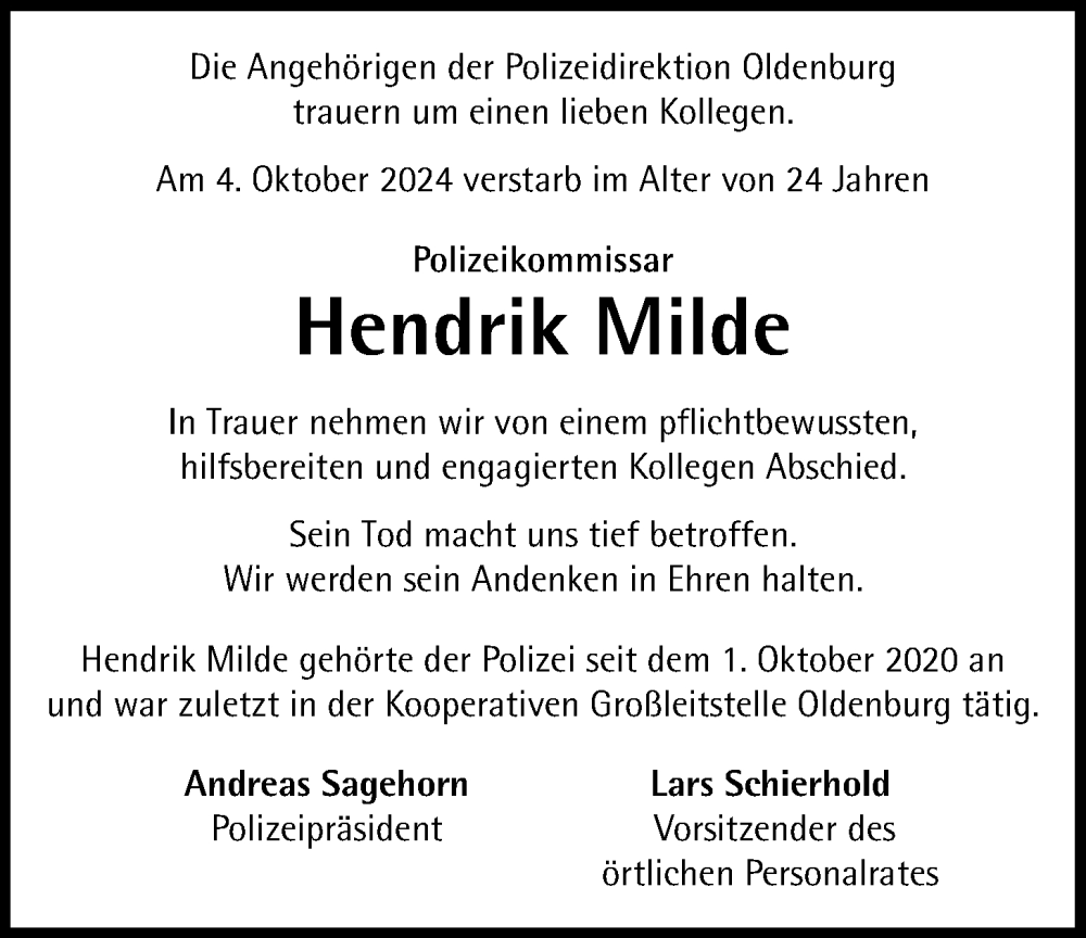  Traueranzeige für Hendrik Milde vom 12.10.2024 aus Nordwest-Zeitung