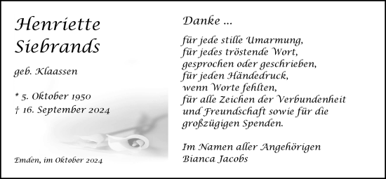 Traueranzeige von Henriette Siebrands von Emder Zeitung