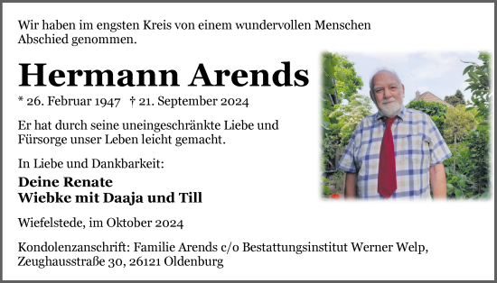 Traueranzeige von Hermann Arends von Nordwest-Zeitung