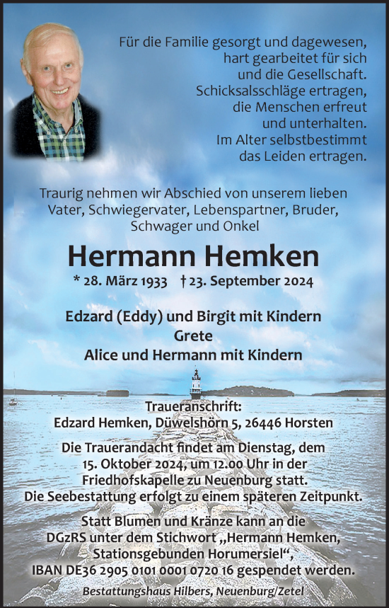 Traueranzeige von Hermann Hemken von Nordwest-Zeitung