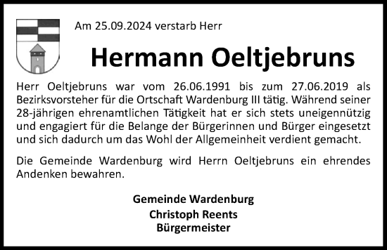 Traueranzeige von Hermann Oeltjebruns von Nordwest-Zeitung