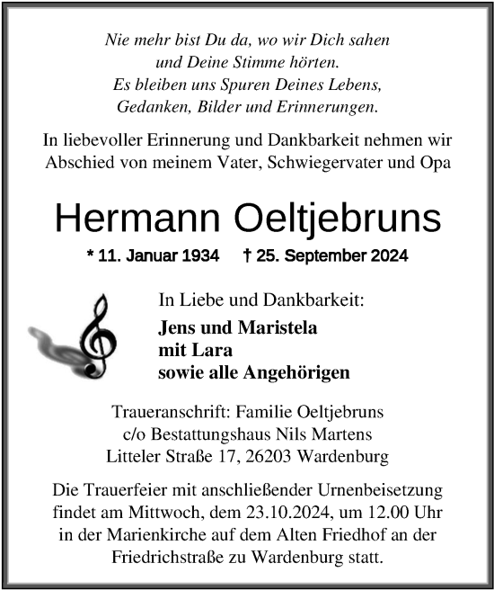 Traueranzeige von Hermann Oeltjebruns von Nordwest-Zeitung
