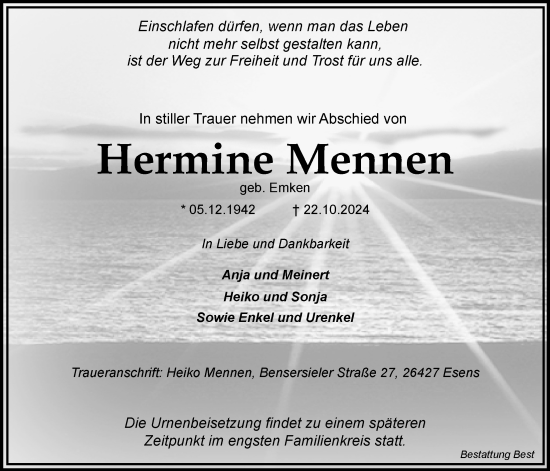 Traueranzeige von Hermine Mennen von WZ/JW/AH