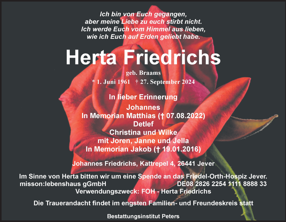  Traueranzeige für Herta Friedrichs vom 12.10.2024 aus WZ/JW/AH