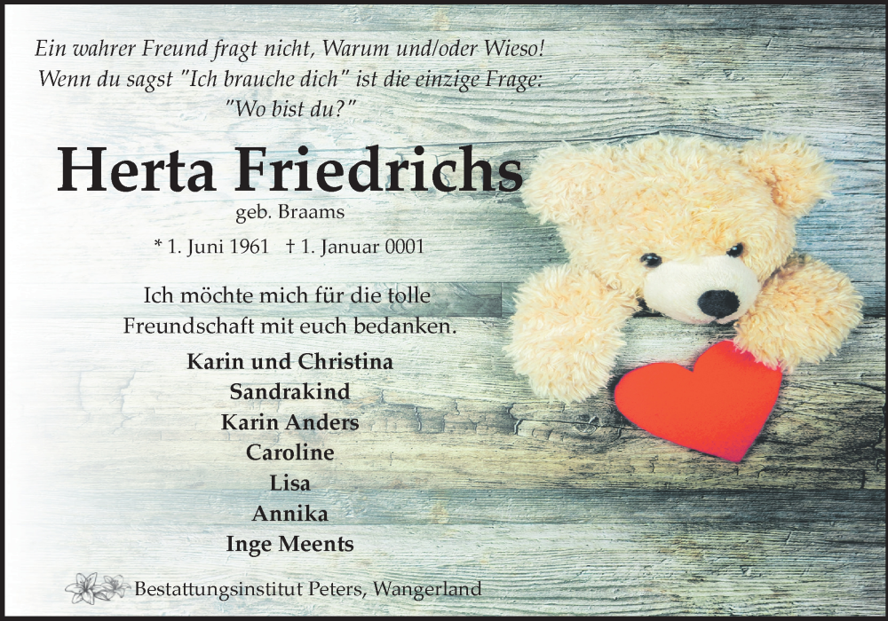  Traueranzeige für Herta Friedrichs vom 12.10.2024 aus WZ/JW/AH