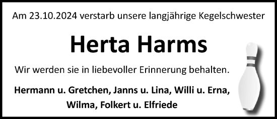 Traueranzeige von Herta Harms von WZ/JW/AH