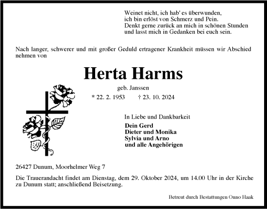 Traueranzeige von Herta Harms von WZ/JW/AH