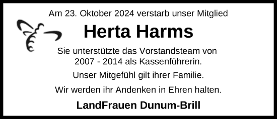 Traueranzeige von Herta Harms von WZ/JW/AH