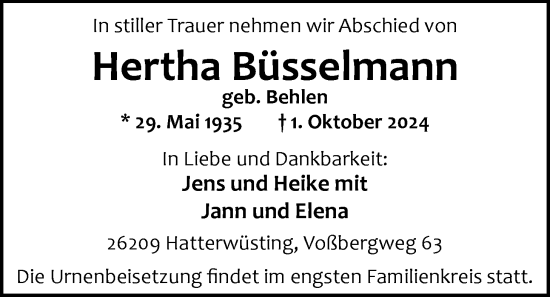 Traueranzeige von Hertha Büsselmann von Nordwest-Zeitung