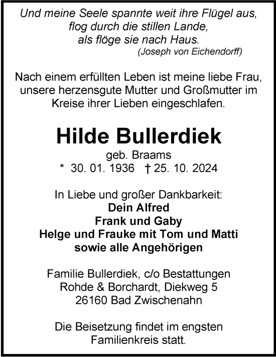 Traueranzeige von Hilde Bullerdiek von Nordwest-Zeitung