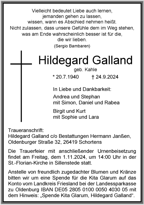 Traueranzeige von Hildegard Galland von WZ/JW/AH