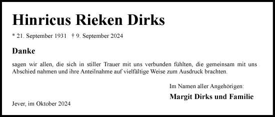 Traueranzeige von Hinricus  Dirks von WZ/JW/AH