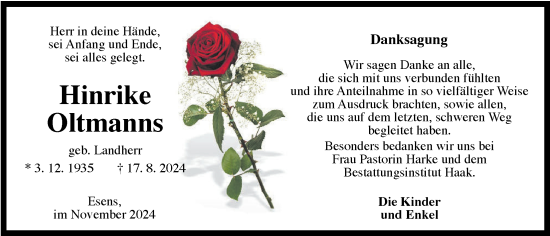 Traueranzeige von Hinrike Oltmanns von WZ/JW/AH